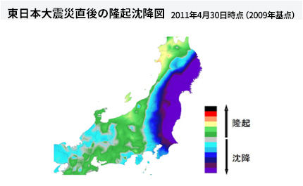 東日本大震災直後の隆起沈降図